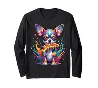 Divertido Chihuahua Comiendo Pizza Colorido Gráfico Pop Art Manga Larga