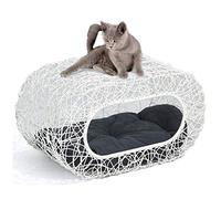 Divertido condominio blanco apilable para gatos de interior, juego interactivo, casa moderna de ratán para gatos de interior, entrada de casa superior y lateral, cama para gatos cerrada