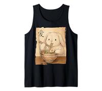 Divertido Conejo Comiendo Ramen Japonés Kawaii Anime Vintage Camiseta sin Mangas