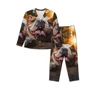 Divertido conjunto de pijama de manga larga para mujer, diseño de bulldog inglés, cárdigan de dos piezas, ropa de dormir cómoda y ropa de descanso, Negro, XL