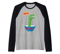 Divertido Dinosaurio Arroz Bowl Tokio Japón Pop Art Humor Mujeres Hombres Camiseta Manga Raglan