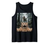 Divertido Encuentro con un Gato, un velocirraptor, un ovni en el Bosque Camiseta sin Mangas
