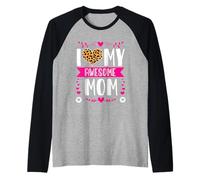 Divertido Estampado de Corazones de Leopardo para el Día de la Madre con Texto «I Love My Awesome Mom» Camiseta Manga Raglan
