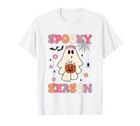 Divertido Fantasma de Groovy Spooky Season sosteniendo Calabazas para Halloween Camiseta gráfica económica, Hombre, Blanco, L