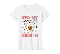 Divertido Fantasma de Groovy Spooky Season sosteniendo Calabazas para Halloween Camiseta gráfica económica, Mujer, Blanco, L