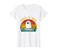 Divertido Fantasma de Skate Retro Creep It Real Halloween Camiseta gráfica económica, Mujer, Blanco, XS