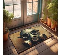 Divertido felpudo para exteriores, diseño vintage de máscara de gas, un viaje a través del tiempo, felpudo de barra de cacao caliente, decoración de otoño para puerta delantera al aire libre (40 x 60