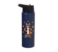 Divertido gato atigrado Halloween truco o trato USA hojas de otoño Stainless Steel Insulated Water Bottle
