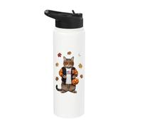 Divertido gato atigrado Halloween truco o trato USA hojas de otoño Stainless Steel Insulated Water Bottle