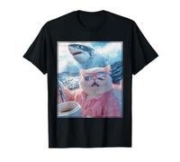 Divertido Gato con Gafas de Sol en Barco Tiburón Weirdcore Camiseta