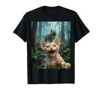 Divertido Gato Cornish Rex T-Rex Dinosaur Chase Selfie Camiseta