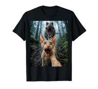 Divertido Gato Cornish Rex T-Rex Dinosaur Chase Selfie Camiseta
