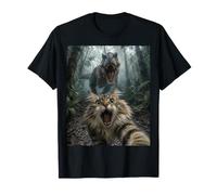 Divertido Gato del Bosque Noruego T-Rex Dinosaurio persecución Selfie Camiseta