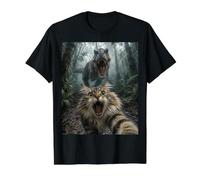 Divertido Gato del Bosque Noruego T-Rex Dinosaurio persecución Selfie Camiseta gráfica económica, Hombre, Negro, XL