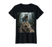 Divertido Gato del Bosque Noruego T-Rex Dinosaurio persecución Selfie Camiseta gráfica económica, Mujer, Negro, XL