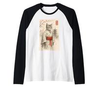 Divertido gato japonés Ukiyo-e con kimono Sumi-e Cat Art Camiseta Manga Raglan