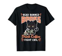 Divertido Gato Leer Libro Prohibido Beber Café Luchar Camiseta