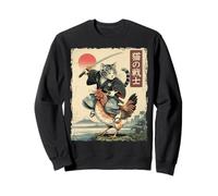 Divertido Gato Montando Pollo japonés Ukiyo-e Art Samurai Cat Sudadera