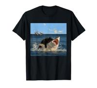Divertido Gato Negro atrapa tiburón como un pequeño pez Dorado Broma de Gatito Camiseta