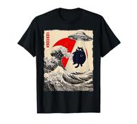 Divertido Gato rapto de ovnis Great Wave Kanagawa Anime Fat Cat Camiseta