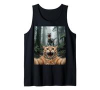 Divertido Gato Selfie Velociraptor Bosque Chase Escena Camiseta sin Mangas