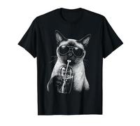 Divertido Gato siamés Bebiendo café Helado Camiseta gráfica económica, Hombre, Negro, XL