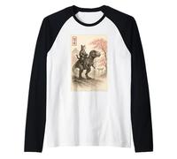 Divertido Gato Sumi-e Kawaii Montando Dinosaurio Arte japonés Camiseta Manga Raglan