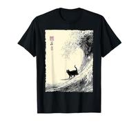 Divertido Gato Surfeando La Gran Ola Japonés Ukiyo-e Cat Camiseta
