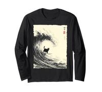 Divertido Gato Surfeando La Gran Ola Japonés Ukiyo-e Cat Manga Larga