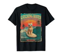 Divertido gato surfista retro de los 80 Catching Waves Not Feelings Camiseta