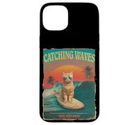 Divertido gato surfista retro de los 80 Catching Waves Not Feelings Carcasa para iPhone 15 Plus