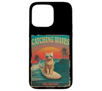 Divertido gato surfista retro de los 80 Catching Waves Not Feelings Carcasa para iPhone 15 Pro Max