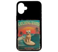 Divertido gato surfista retro de los 80 Catching Waves Not Feelings Carcasa para iPhone 16 Plus