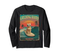 Divertido gato surfista retro de los 80 Catching Waves Not Feelings Manga Larga