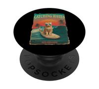 Divertido gato surfista retro de los 80 Catching Waves Not Feelings PopSockets PopGrip Adhesivo
