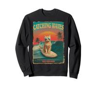 Divertido gato surfista retro de los 80 Catching Waves Not Feelings Sudadera