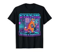 Divertido Gato Vintage Homebody Retro Vaporwave Camiseta gráfica económica, Hombre, Negro, L