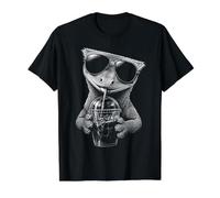 Divertido Gecko Crestado Bebiendo Café Helado Camiseta gráfica económica, Hombre, Negro, XL