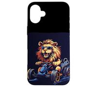 Divertido Go Kart Lion listo para un paseo rápido Carcasa para iPhone 16 Plus
