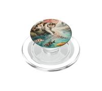 Divertido Japonés Calico Gato Tocar Koi Pez Luna Roja Sakura PopSockets PopGrip para MagSafe