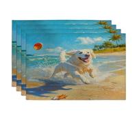 Divertido juego de 4 manteles individuales de perro de los Grandes Pirineos, 12 x 18 pulgadas, lindo mar costero de playa, 4 manteles individuales lavables para el hogar comedor, decoración de la