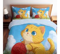 Divertido juego de ropa de cama de dibujos animados, diseño de gato amarillo de praderas, no necesita planchado, funda nórdica de 200 x 200 cm, 3 piezas, color azul cielo, suave microfibra, funda