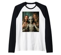 Divertido Letrero de Bigfoot Alien, Jesús Rock On Hand, con Forma de ovni Camiseta Manga Raglan