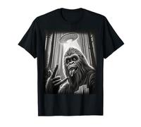 Divertido Letrero de Bigfoot y Alien Sasquatch Rock On Hand Selfie con Forma de ovni Camiseta