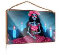 Divertido letrero de madera con texto en inglés «Día de los muertos: un esqueleto en un vestido rojo sosteniendo una rosa rosada», letrero vintage para el hogar, decoración de habitación (20 x 30 cm)