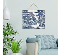 Divertido letrero de madera para el hogar, Chinoiserie, pagoda asiática, porcelana blanca y azul, placa de madera personalizada, con cita de flores azul marino antiguo, chinoiserie a cuadros
