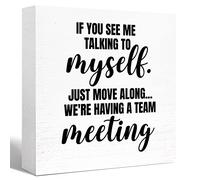 Divertido letrero de madera para oficina con texto en inglés "If You See Me Talking to Myself We're Have a Team Meeting", decoración de escritorio para decoración de mesa de cubículo, regalos de oficina para amigos, compañeros de trabajo y empleados