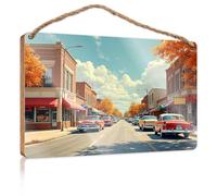 Divertido letrero de madera para pared de baño, diseño de coches clásicos y hojas de otoño en una pequeña ciudad para decoración de oficina (23 x 35 cm)