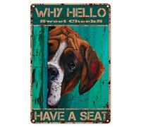 Divertido letrero de metal con cita de baño - Vintage Why Hello Sweet Cheeks Have A Seat Dog Sign para oficina/hogar/aula - La mejor decoración de granja de 8 x 12 pulgadas