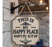 Divertido letrero de metal de madera para jardín, con texto en inglés "This Is My Happy Place Don't Fck It Up", placa rústica para colgar en el espacio personal, decoración de pared de madera natural